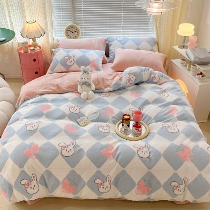 昔可 2022新款牛奶绒卡通系列四件套 菱格小兔