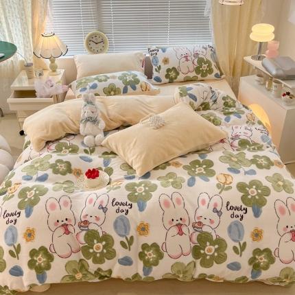 昔可 2022新款牛奶绒卡通系列四件套 绿花小兔