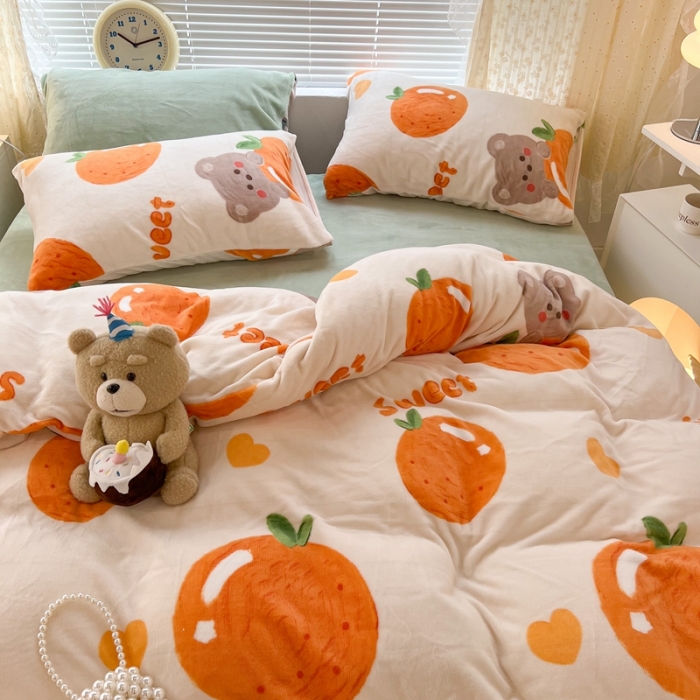 91家纺网 家纺一手货源 找家纺 昔可 2022新款牛奶绒卡通系列四件套 奶油橘