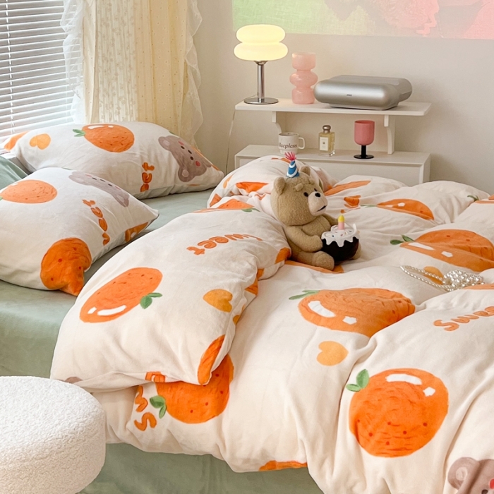 91家纺网 家纺一手货源 找家纺 昔可 2022新款牛奶绒卡通系列四件套 奶油橘