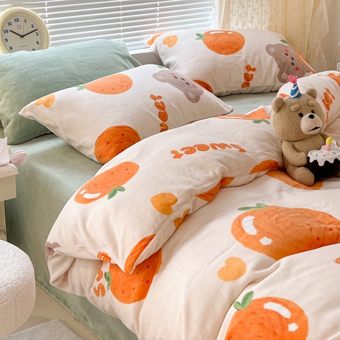 91家纺网 家纺一手货源 找家纺 昔可 2022新款牛奶绒卡通系列四件套 奶油橘