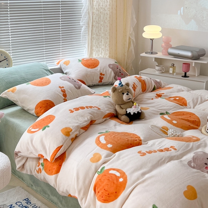 91家纺网 家纺一手货源 找家纺 昔可 2022新款牛奶绒卡通系列四件套 奶油橘