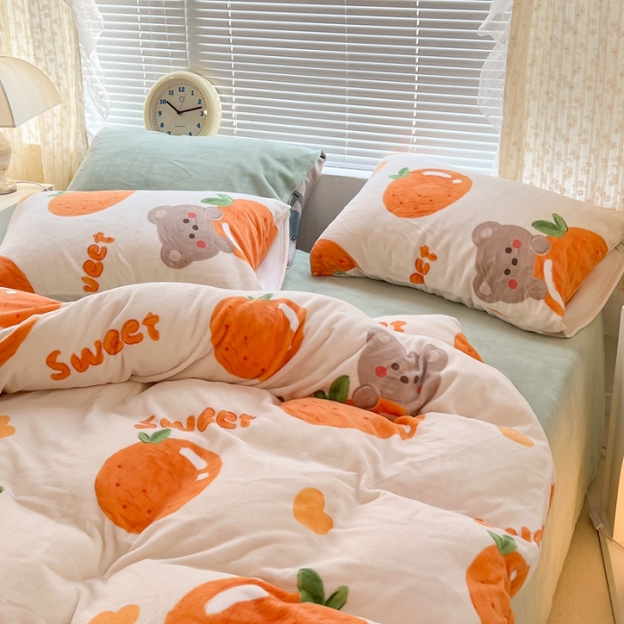 91家纺网 家纺一手货源 找家纺 昔可 2022新款牛奶绒卡通系列四件套 奶油橘