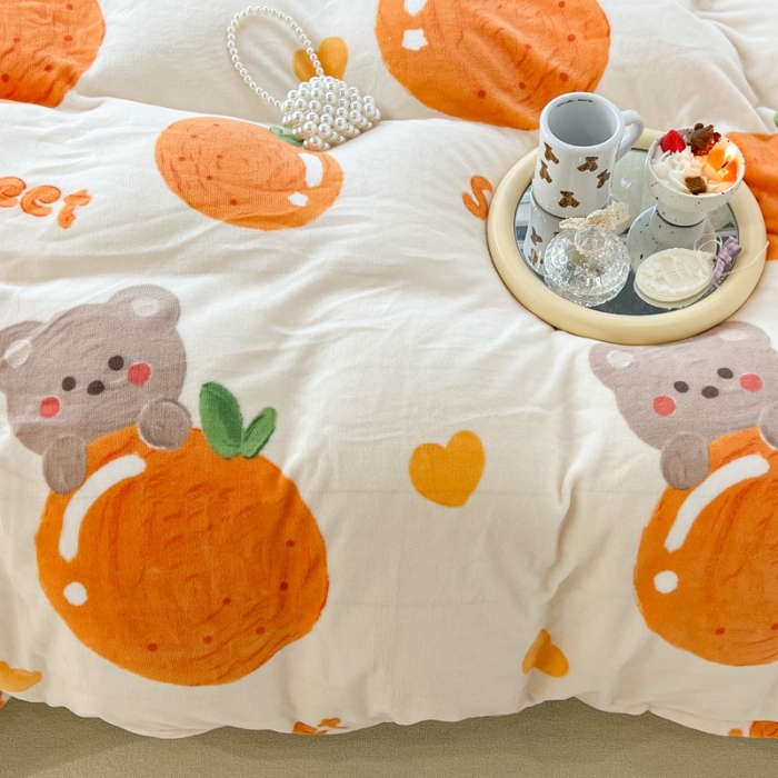 91家纺网 家纺一手货源 找家纺 昔可 2022新款牛奶绒卡通系列四件套 奶油橘