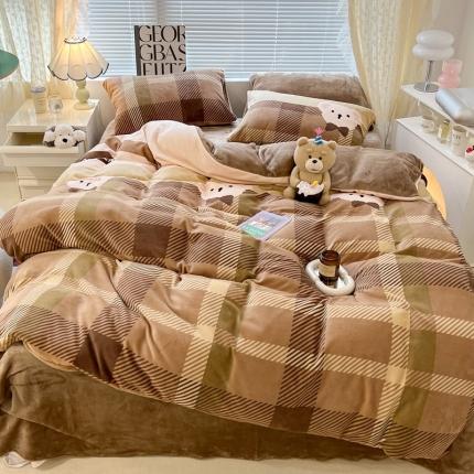 昔可 2022新款牛奶绒卡通系列四件套 绅士小熊