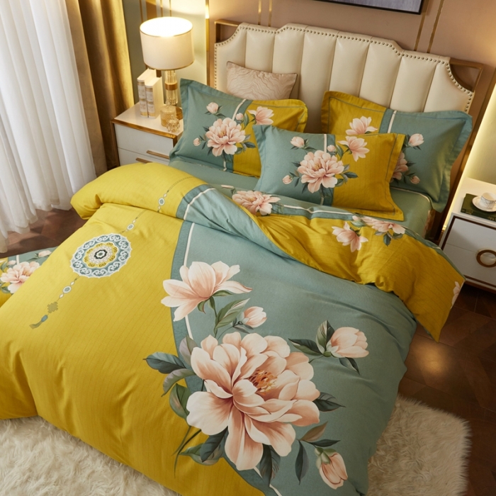 91家纺网 家纺一手货源 找家纺 金纱玉纺2022新款全棉生态大版磨毛四件套 醉芬芳-黄