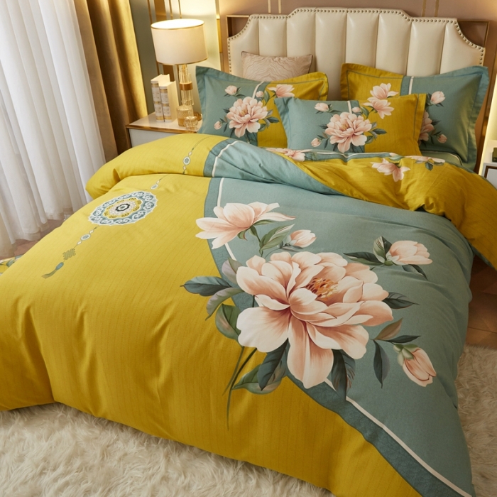 91家纺网 家纺一手货源 找家纺 金纱玉纺2022新款全棉生态大版磨毛四件套 醉芬芳-黄