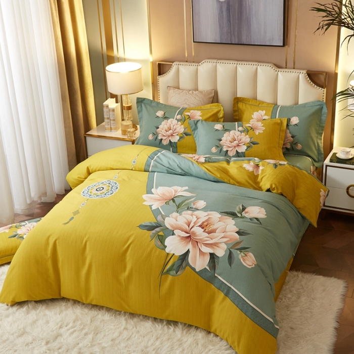 91家纺网 家纺一手货源 找家纺 金纱玉纺2022新款全棉生态大版磨毛四件套 醉芬芳-黄