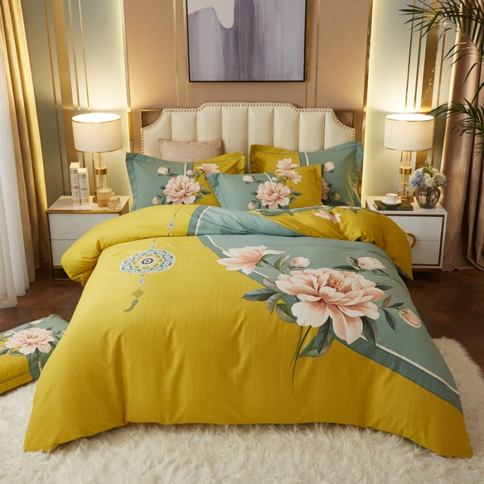 91家纺网 家纺一手货源 找家纺 金纱玉纺2022新款全棉生态大版磨毛四件套 醉芬芳-黄