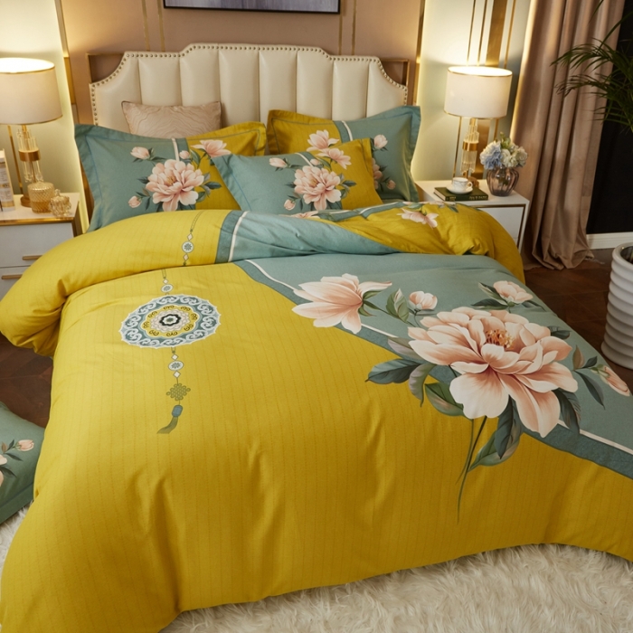 91家纺网 家纺一手货源 找家纺 金纱玉纺2022新款全棉生态大版磨毛四件套 醉芬芳-黄