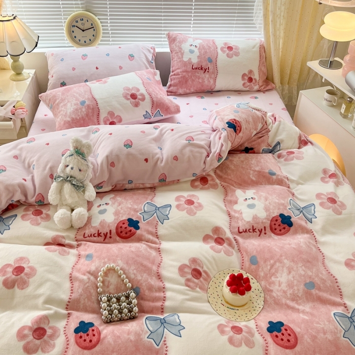 91家纺网 家纺一手货源 找家纺 昔可 2022新款牛奶绒卡通系列四件套 油画小兔