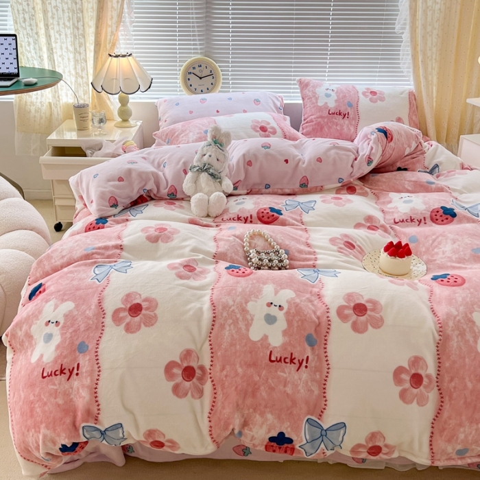 91家纺网 家纺一手货源 找家纺 昔可 2022新款牛奶绒卡通系列四件套 油画小兔