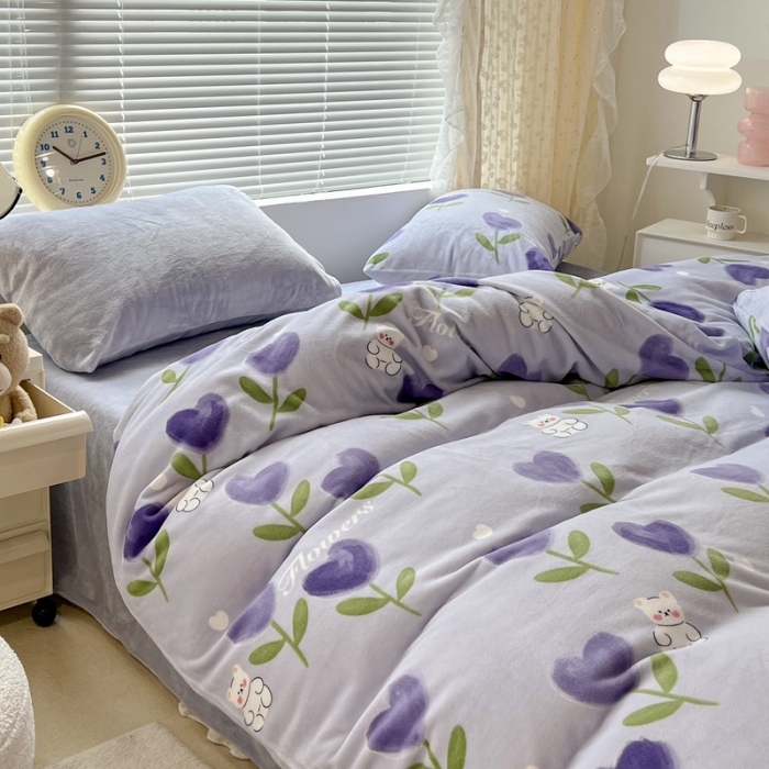 91家纺网 家纺一手货源 找家纺 昔可 2022新款牛奶绒卡通系列四件套 紫底郁金香