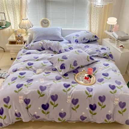 昔可 2022新款牛奶绒卡通系列四件套 紫底郁金香