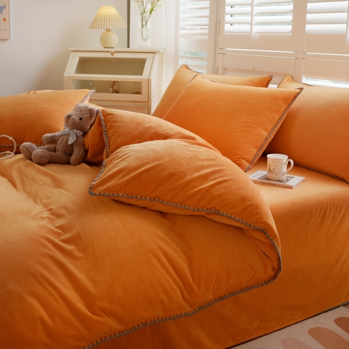 91家纺网 家纺一手货源 找家纺 啊雅家居 2025新款贝壳边宝宝绒四件套 贝壳果橙