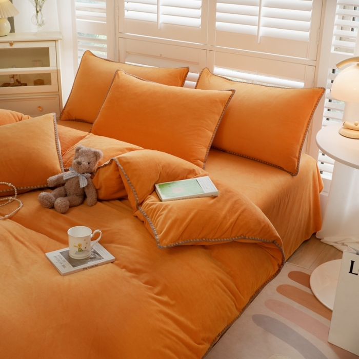 91家纺网 家纺一手货源 找家纺 啊雅家居 2025新款贝壳边宝宝绒四件套 贝壳果橙