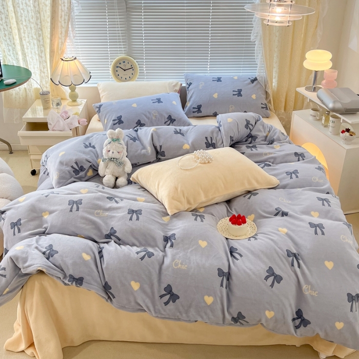 91家纺网 家纺一手货源 找家纺 昔可 2022新款牛奶绒少女小清新系列四件套 爱心蝴蝶结