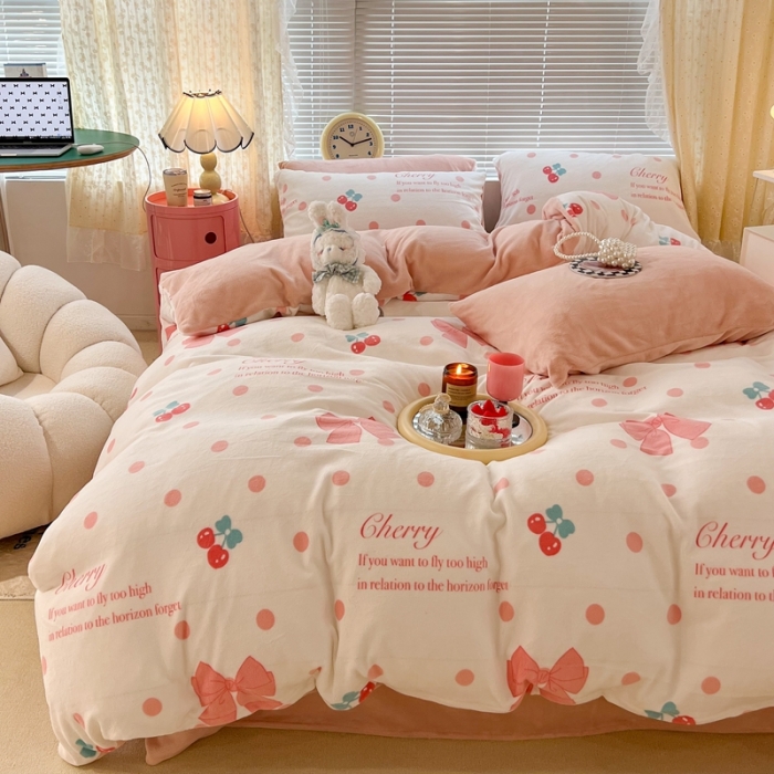 91家纺网 家纺一手货源 找家纺 昔可 2022新款牛奶绒少女小清新系列四件套 粉色少女心