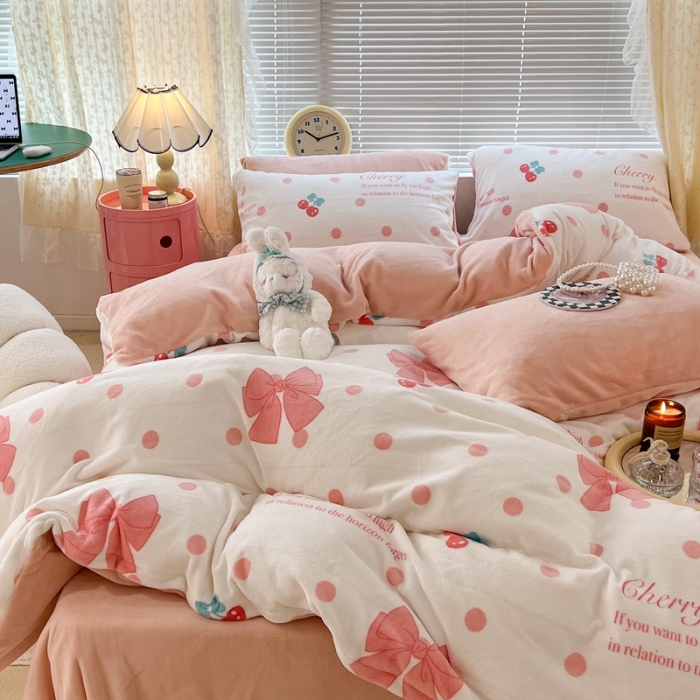 91家纺网 家纺一手货源 找家纺 昔可 2022新款牛奶绒少女小清新系列四件套 粉色少女心