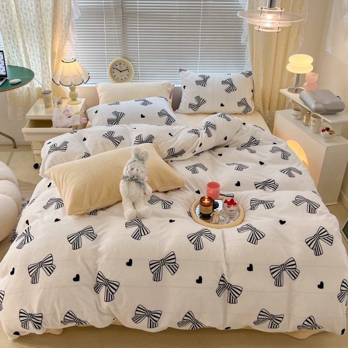 91家纺网 家纺一手货源 找家纺 昔可 2022新款牛奶绒少女小清新系列四件套 赫本蝴蝶结