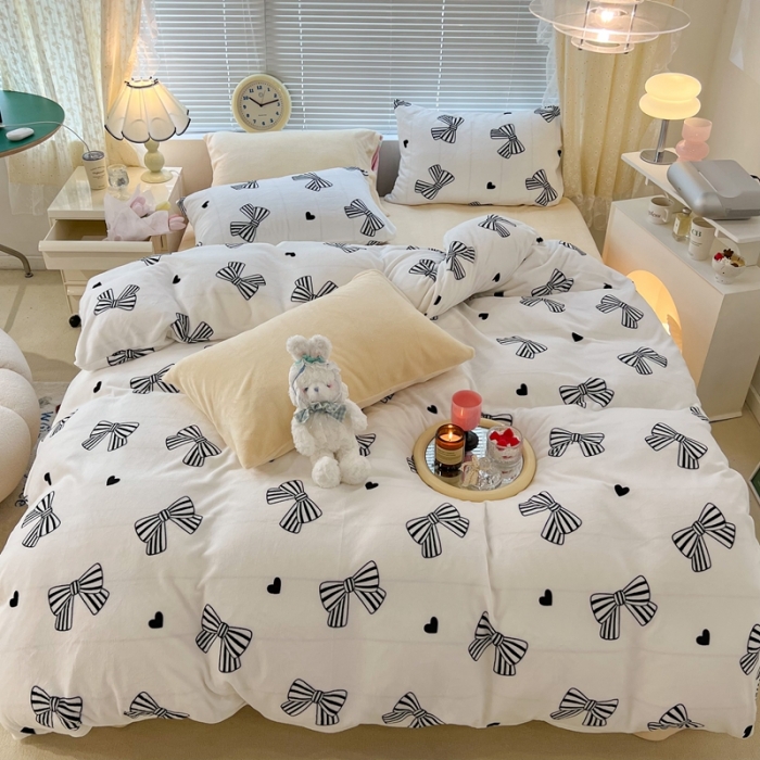 91家纺网 家纺一手货源 找家纺 昔可 2022新款牛奶绒少女小清新系列四件套 赫本蝴蝶结