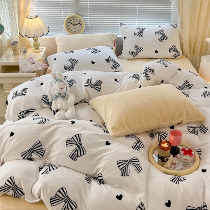 91家纺网 家纺一手货源 找家纺 昔可 2022新款牛奶绒少女小清新系列四件套 赫本蝴蝶结