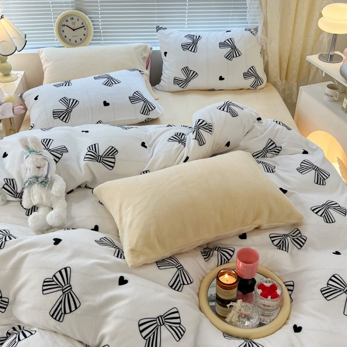 91家纺网 家纺一手货源 找家纺 昔可 2022新款牛奶绒少女小清新系列四件套 赫本蝴蝶结