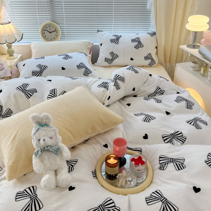 91家纺网 家纺一手货源 找家纺 昔可 2022新款牛奶绒少女小清新系列四件套 赫本蝴蝶结