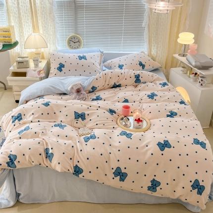 昔可 2022新款牛奶绒少女小清新系列四件套 蓝波点蝴蝶结