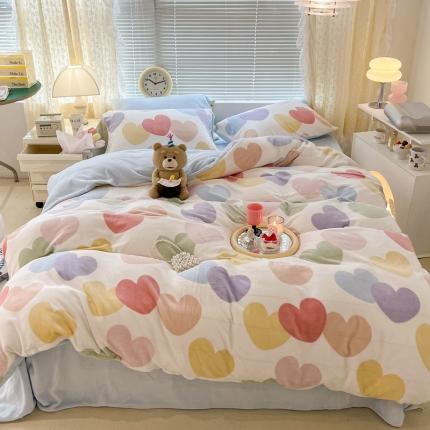 昔可 2022新款牛奶绒少女小清新系列四件套 七彩爱心