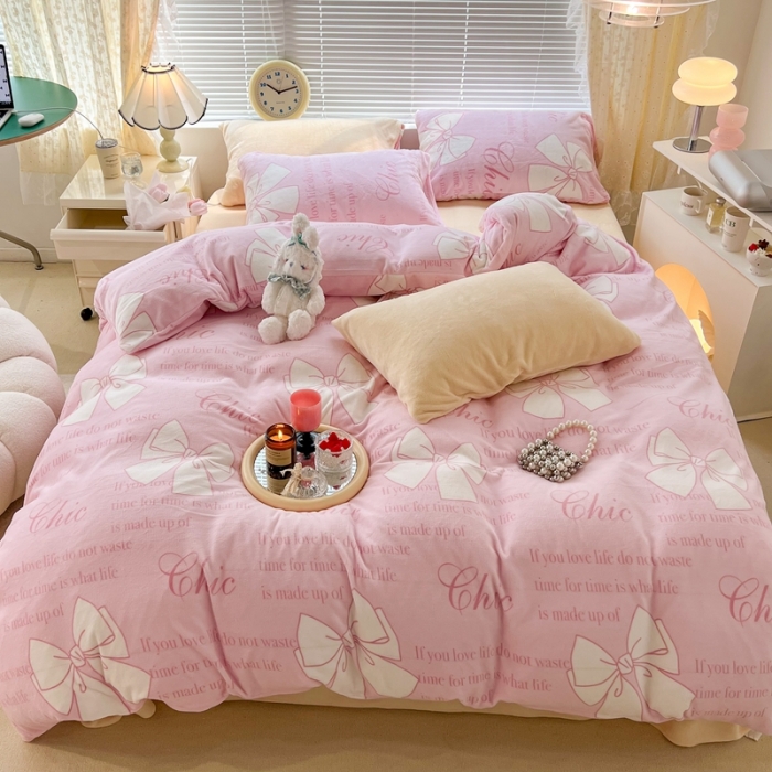 91家纺网 家纺一手货源 找家纺 昔可 2022新款牛奶绒少女小清新系列四件套 少女心事粉