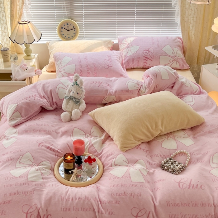 91家纺网 家纺一手货源 找家纺 昔可 2022新款牛奶绒少女小清新系列四件套 少女心事粉