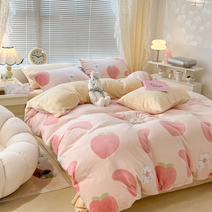 91家纺网 家纺一手货源 找家纺 昔可 2022新款牛奶绒少女小清新系列四件套 芝芝桃桃