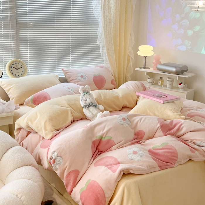 91家纺网 家纺一手货源 找家纺 昔可 2022新款牛奶绒少女小清新系列四件套 芝芝桃桃