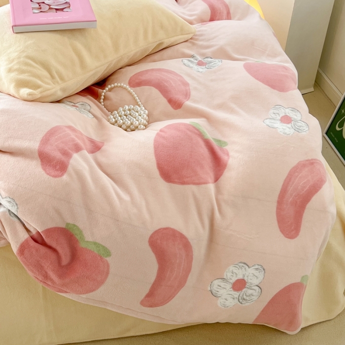 91家纺网 家纺一手货源 找家纺 昔可 2022新款牛奶绒少女小清新系列四件套 芝芝桃桃