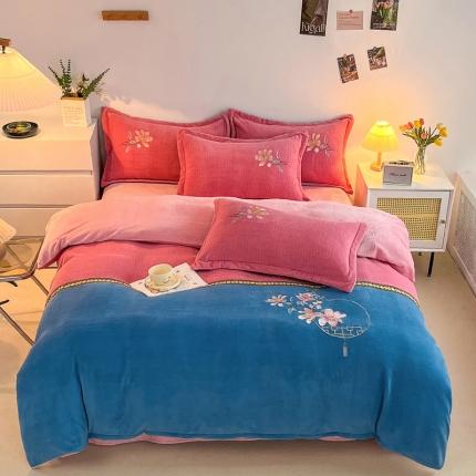 91家纺网 家纺一手货源 找家纺 优姿家纺 2022新款牛奶绒8斤双拼色绣花保暖四件套 中国风-粉+蓝