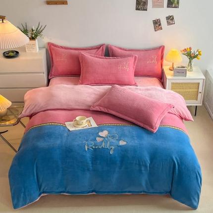 优姿家纺 2022新款牛奶绒8斤双拼色绣花保暖四件套 爱心-粉+蓝