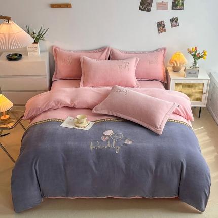 优姿家纺 2022新款牛奶绒8斤双拼色绣花保暖四件套 爱心-玉