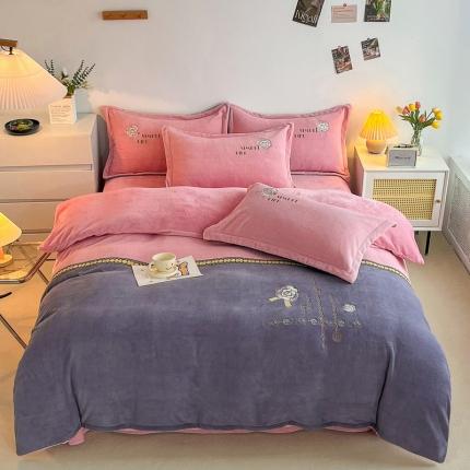 优姿家纺 2022新款牛奶绒8斤双拼色绣花保暖四件套 山茶花-粉