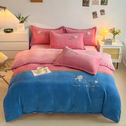优姿家纺 2022新款牛奶绒8斤双拼色绣花保暖四件套 山茶花-粉+蓝