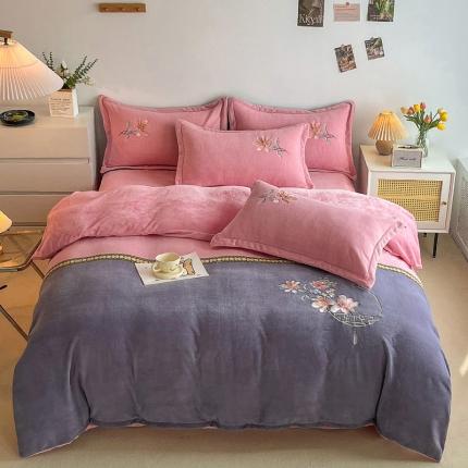 优姿家纺 2022新款牛奶绒8斤双拼色绣花保暖四件套 中国风-粉