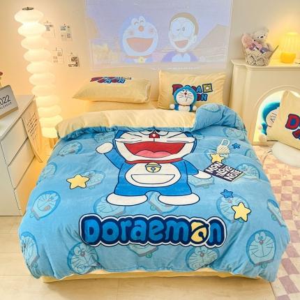 91家纺网 家纺一手货源 找家纺 正版哆啦A梦叮当猫授权大版数码印花加厚牛奶绒系列四件套 绒大版-星星叮当