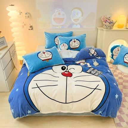 正版哆啦A梦叮当猫授权大版数码印花加厚牛奶绒系列四件套 绒大版-撑杆跳叮当