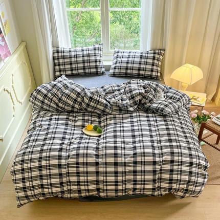 91家纺网 家纺一手货源 找家纺 （总）桃子家居  ins纯棉色织水洗棉韩系奶油撞色格子四件套