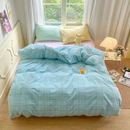 桃子家居  ins纯棉色织水洗棉韩系奶油撞色格子四件套 baby蓝格