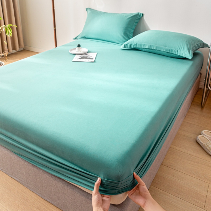 91家纺网 家纺一手货源 找家纺 秀色 秋冬60支纯色全棉磨毛床笠三件套纯棉加厚保护罩 豆绿