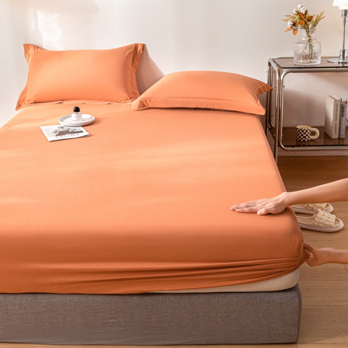 91家纺网 家纺一手货源 找家纺 秀色 秋冬60支纯色全棉磨毛床笠三件套纯棉加厚保护罩 桔红