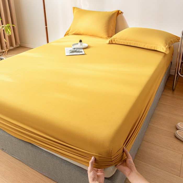 91家纺网 家纺一手货源 找家纺 秀色 秋冬60支纯色全棉磨毛床笠三件套纯棉加厚保护罩 落日黄