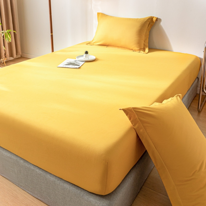 91家纺网 家纺一手货源 找家纺 秀色 秋冬60支纯色全棉磨毛床笠三件套纯棉加厚保护罩 落日黄