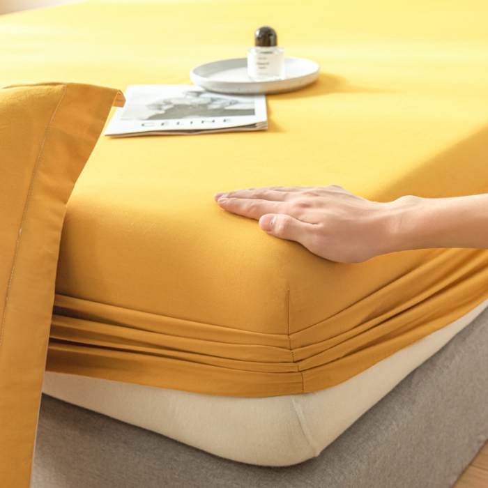 91家纺网 家纺一手货源 找家纺 秀色 秋冬60支纯色全棉磨毛床笠三件套纯棉加厚保护罩 落日黄